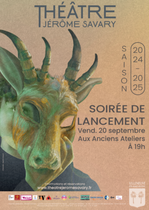 Visuel du théâtre J. Savary qui annonce le lancement de sa saison 2024.25. Une tête d'humain caché par un masque de cerf d'un univers fantastique